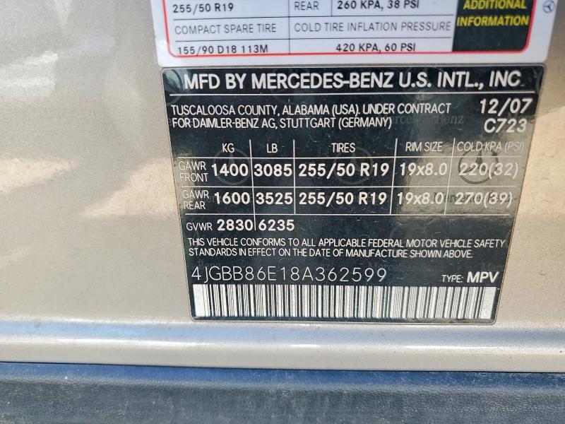 Продажа на аукционе авто 2008 Mercedes-benz Ml, vin: 4JGBB86E18A362599, номер лота: 48486596