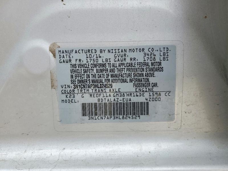 2017 Nissan Versa მანქანა იყიდება აუქციონზე, vin: 3N1CN7AP3HL824529, აუქციონის ნომერი: 50663216