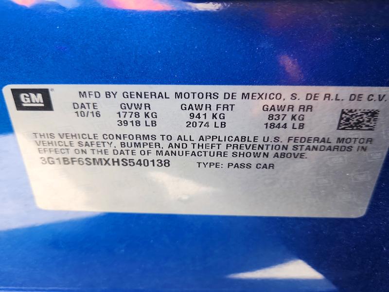 48784986 :رقم المزاد ، 3G1BF6SMXHS540138 vin ، 2017 Chevrolet Cruze مزاد بيع