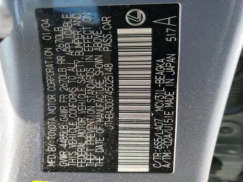 2004 Lexus Es 330 მანქანა იყიდება აუქციონზე, vin: JTHBA30G745025148, აუქციონის ნომერი: 48847516