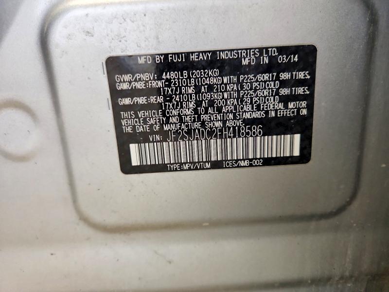 2015 Subaru Forester მანქანა იყიდება აუქციონზე, vin: JF2SJADC2FH418586, აუქციონის ნომერი: 50106586