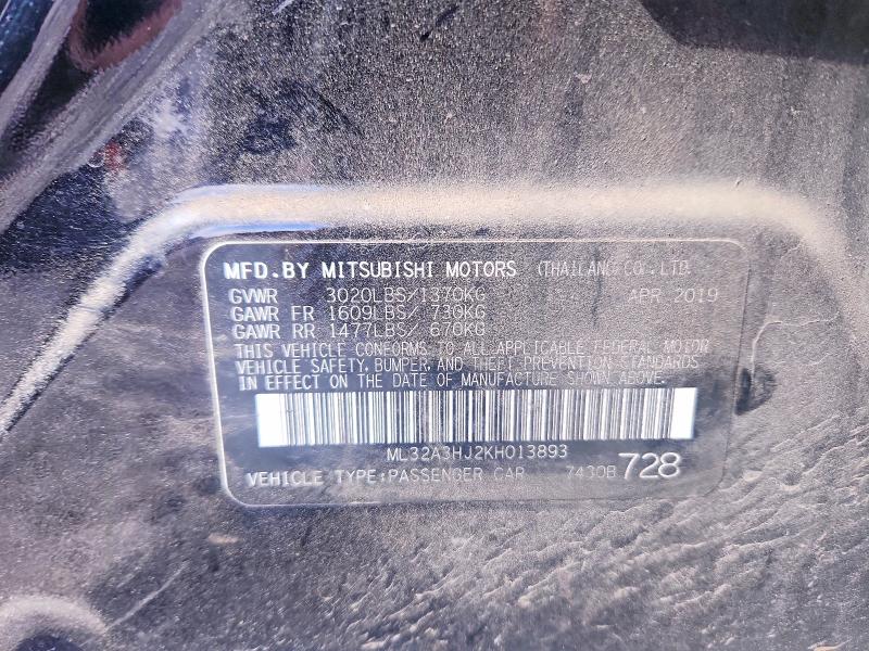 51495206 :رقم المزاد ، ML32A3HJ2KH013893 vin ، 2019 Mitsubishi Mirage مزاد بيع