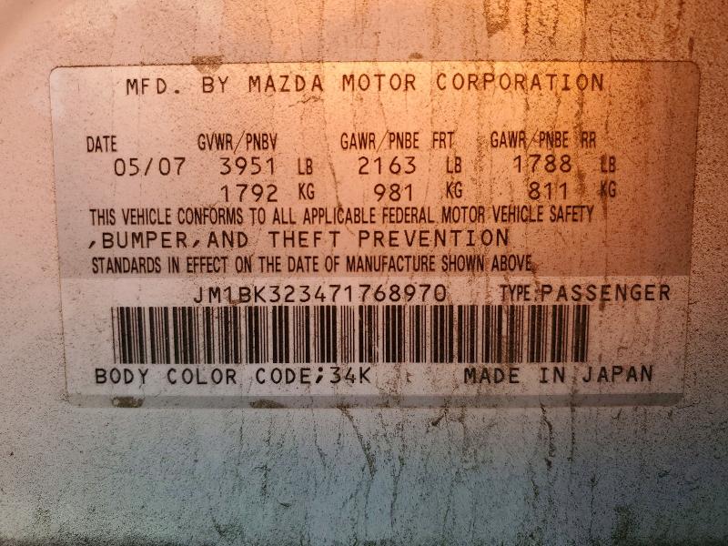 2007 Mazda 3 მანქანა იყიდება აუქციონზე, vin: JM1BK323471768970, აუქციონის ნომერი: 50352366