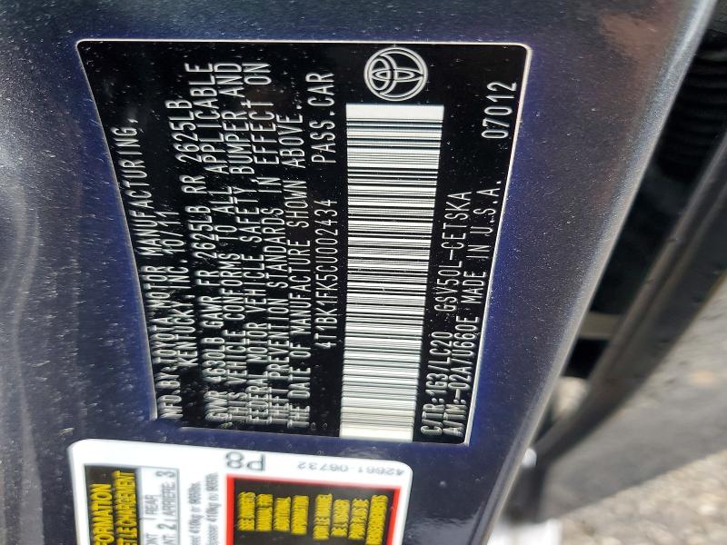 Aukcja sprzedaży 2012 Toyota Camry, vin: 4T1BK1FK5CU002434, numer aukcji: 51329696