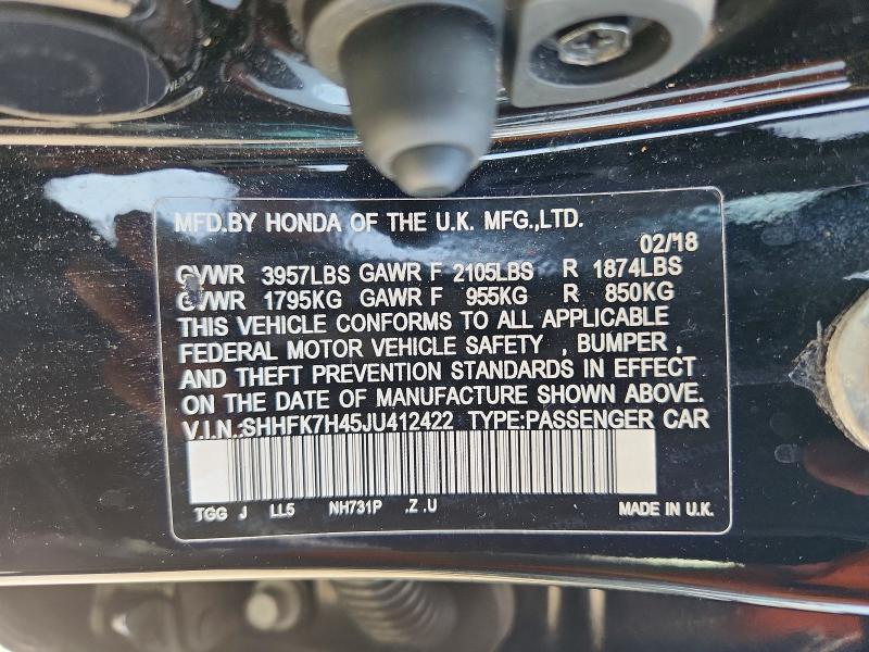 49488886 :رقم المزاد ، SHHFK7H45JU412422 vin ، 2018 Honda Civic مزاد بيع