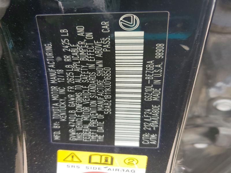 Aukcja sprzedaży 2019 Lexus Es, vin: 58ABZ1B11KU016850, numer aukcji: 50249726