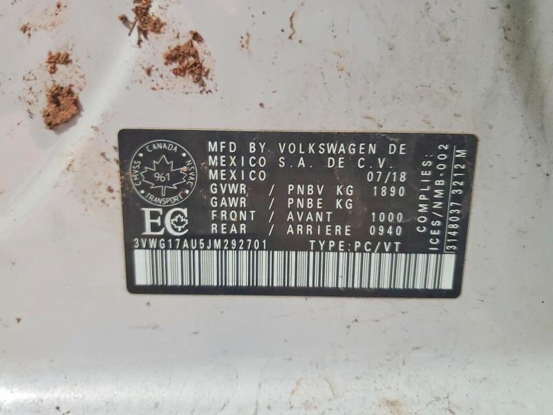 2018 Volkswagen Golf მანქანა იყიდება აუქციონზე, vin: 3VWG17AU5JM292701, აუქციონის ნომერი: 50159616