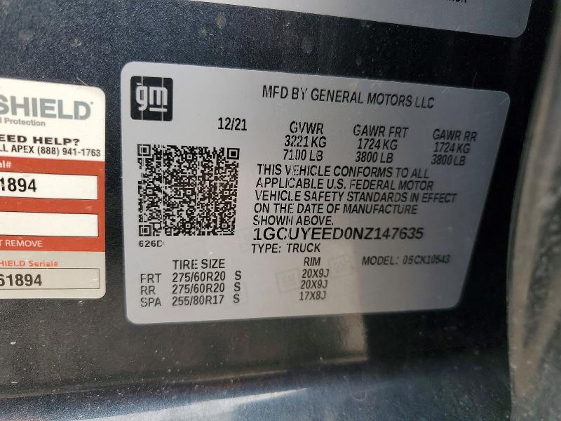 2022 Chevrolet Silverado Ltd მანქანა იყიდება აუქციონზე, vin: 1GCUYEED0NZ147635, აუქციონის ნომერი: 50600416