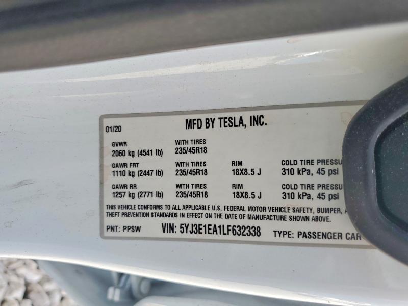 Продаж на аукціоні авто 2020 Tesla Model 3, vin: 5YJ3E1EA1LF632338, номер лоту: 50643386