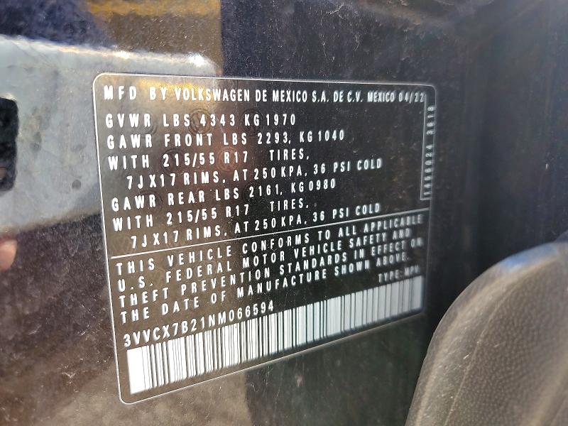 50739866 :رقم المزاد ، 3VVCX7B21NM066594 vin ، 2022 Volkswagen Taos مزاد بيع
