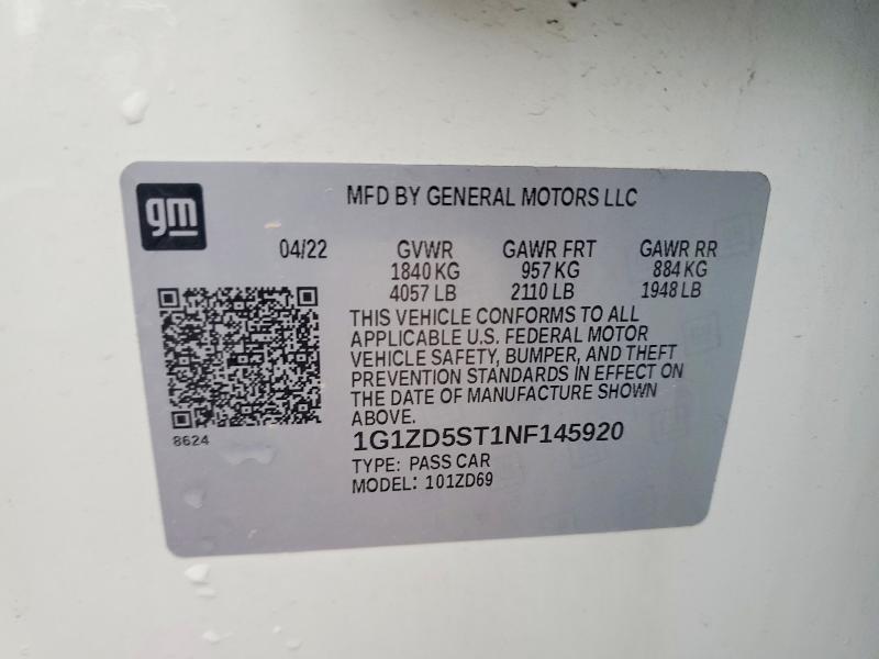 Aukcja sprzedaży 2022 Chevrolet Malibu, vin: 1G1ZD5ST1NF145920, numer aukcji: 50047546