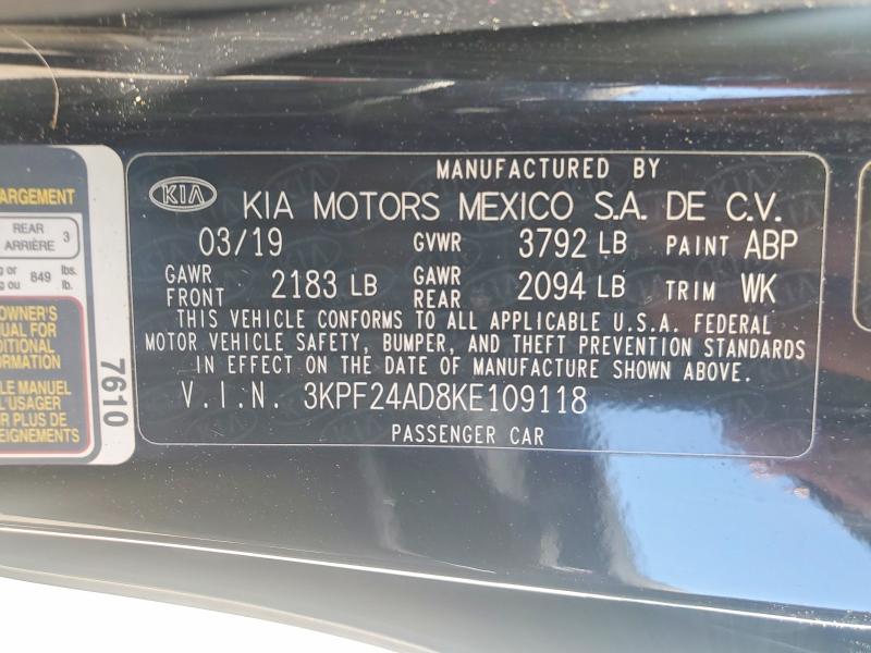 2019 Kia Forte მანქანა იყიდება აუქციონზე, vin: 3KPF24AD8KE109118, აუქციონის ნომერი: 50920716