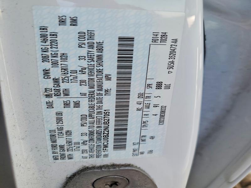 49769096 :رقم المزاد ، 1FMCU0BZ2NUB27051 vin ، 2022 Ford Escape مزاد بيع