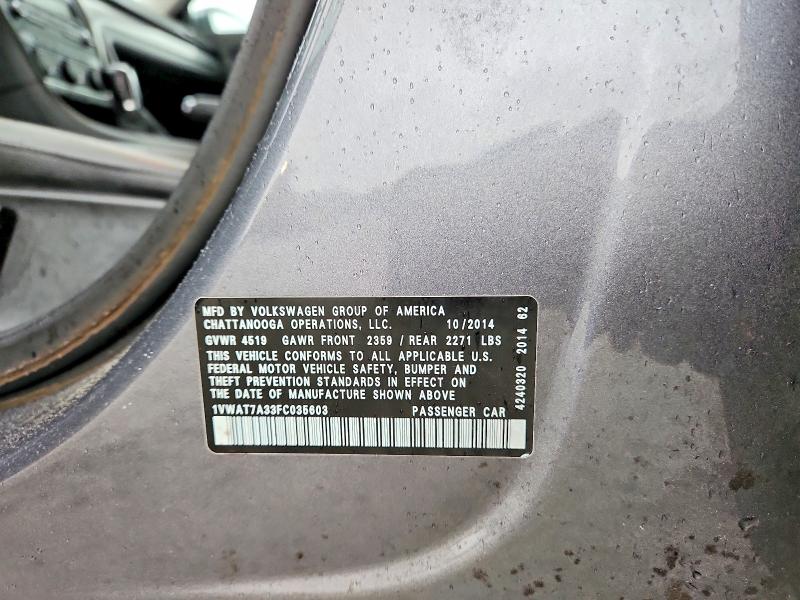 Aukcja sprzedaży 2015 Volkswagen Passat, vin: 1VWAT7A33FC035603, numer aukcji: 51274446