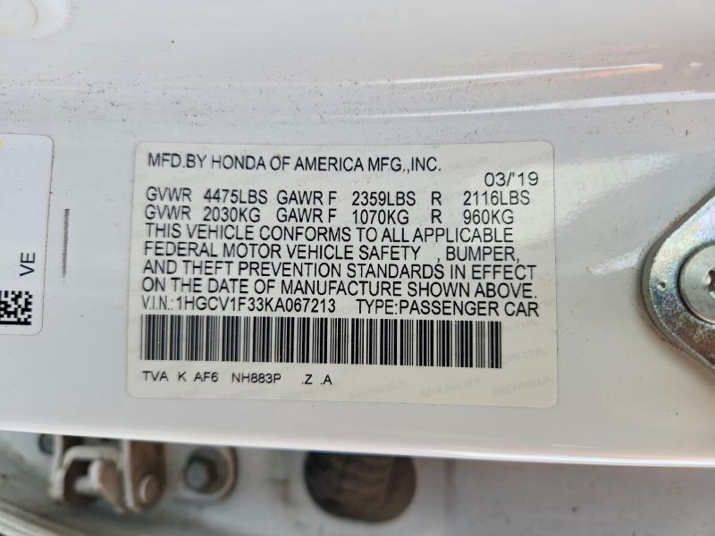 2019 Honda Accord მანქანა იყიდება აუქციონზე, vin: 1HGCV1F33KA067213, აუქციონის ნომერი: 49031636