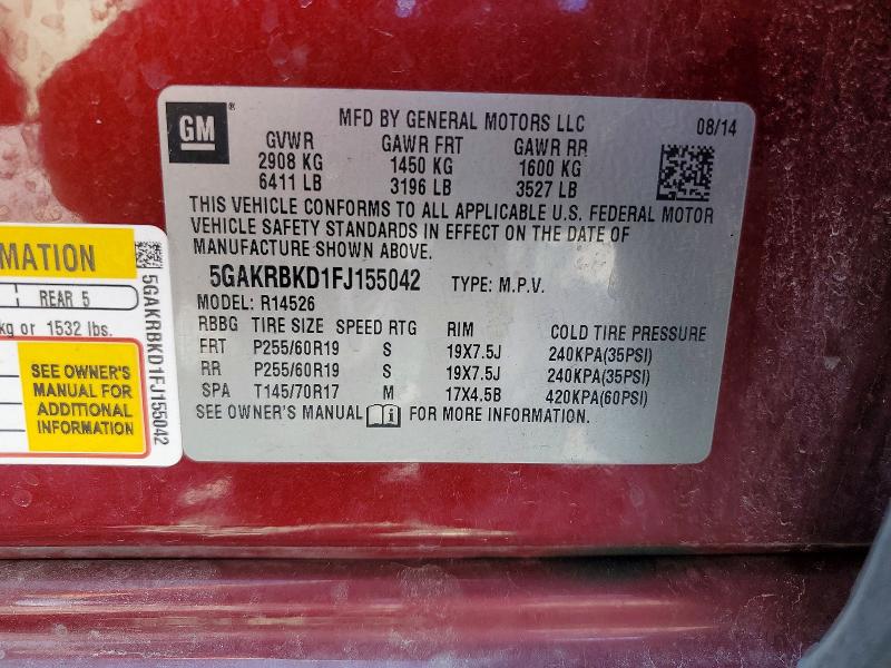 2015 Buick Enclave მანქანა იყიდება აუქციონზე, vin: 5GAKRBKD1FJ155042, აუქციონის ნომერი: 50608696