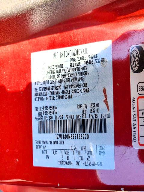 Aukcja sprzedaży 2005 Ford Mustang, vin: 1ZVFT80N855136220, numer aukcji: 51807426