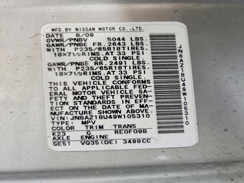 2009 Nissan Murano მანქანა იყიდება აუქციონზე, vin: JN8AZ18U49W105310, აუქციონის ნომერი: 49807976