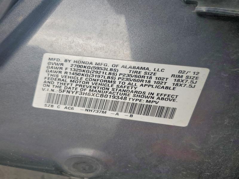 Aukcja sprzedaży 2012 Honda Pilot, vin: 5FNYF3H6XCB019348, numer aukcji: 50595156