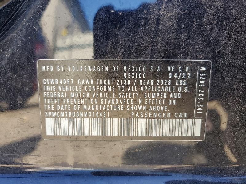 49299666 :رقم المزاد ، 3VWCM7BU8NM016491 vin ، 2022 Volkswagen Jetta مزاد بيع