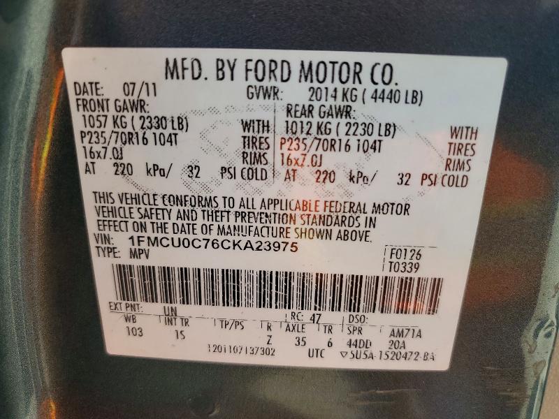 2012 Ford Escape მანქანა იყიდება აუქციონზე, vin: 1FMCU0C76CKA23975, აუქციონის ნომერი: 51179426