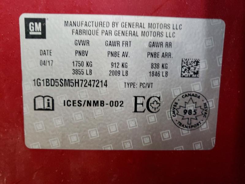 49140466 :رقم المزاد ، 1G1BD5SM5H7247214 vin ، 2017 Chevrolet Cruze مزاد بيع
