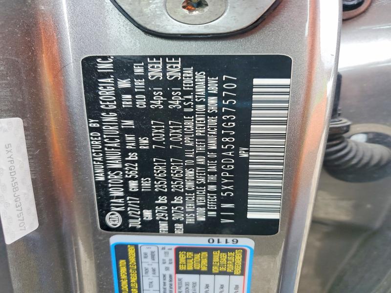 48352446 :رقم المزاد ، 5XYPGDA58JG375707 vin ، 2018 Kia Sorento مزاد بيع