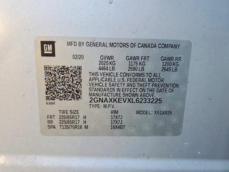 Продаж на аукціоні авто 2020 Chevrolet Equinox, vin: 2GNAXKEVXL6233225, номер лоту: 51355846