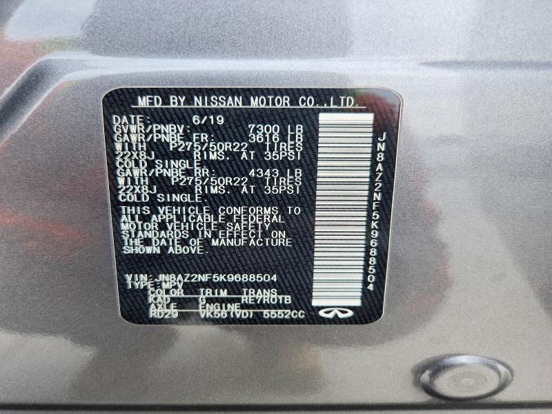 48867236 :رقم المزاد ، JN8AZ2NF5K9688504 vin ، 2019 Infiniti Qx80 مزاد بيع