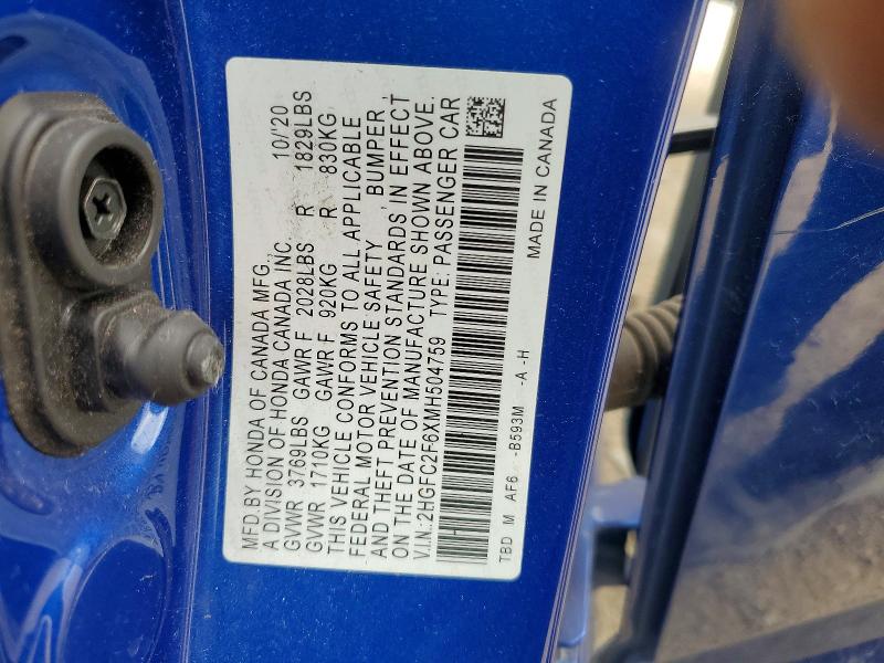48821646 :رقم المزاد ، 2HGFC2F6XMH504759 vin ، 2021 Honda Civic مزاد بيع