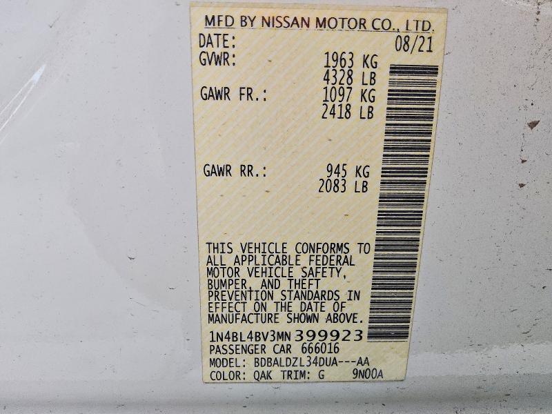 Aukcja sprzedaży 2021 Nissan Altima, vin: 1N4BL4BV3MN399923, numer aukcji: 51543926