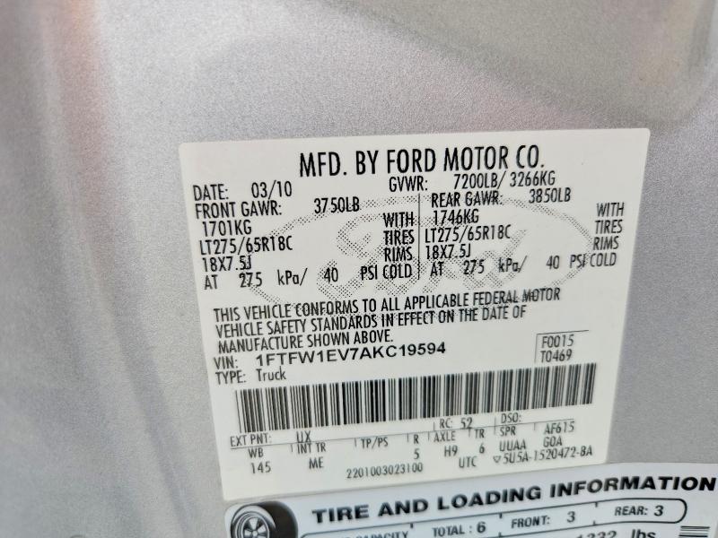 Auction sale of the 2010 Ford F150, vin: 1FTFW1EV7AKC19594, lot number: 51971216