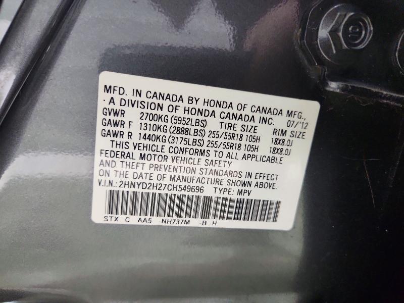 Auction sale of the 2012 Acura Mdx, vin: 2HNYD2H27CH549696, lot number: 48966296