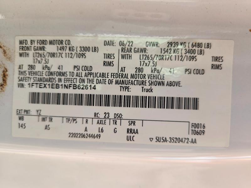 48115756 :رقم المزاد ، 1FTEX1EB1NFB62614 vin ، 2022 Ford F150 مزاد بيع