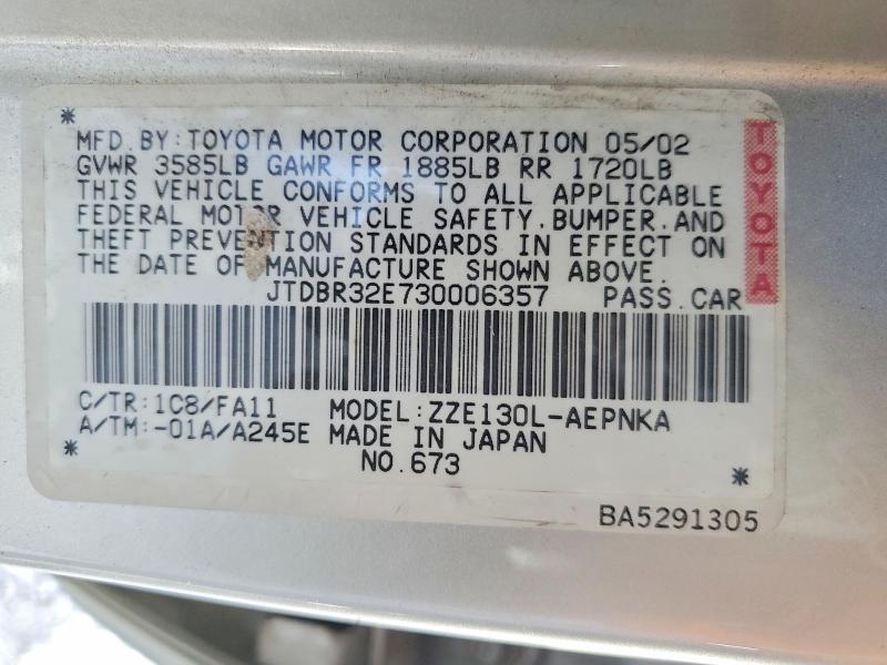 Продаж на аукціоні авто 2003 Toyota Corolla, vin: JTDBR32E730006357, номер лоту: 51339636