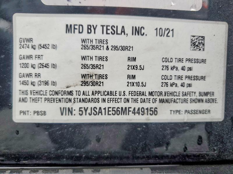 Продажа на аукционе авто 2021 Tesla Model S, vin: 5YJSA1E56MF449156, номер лота: 52007776