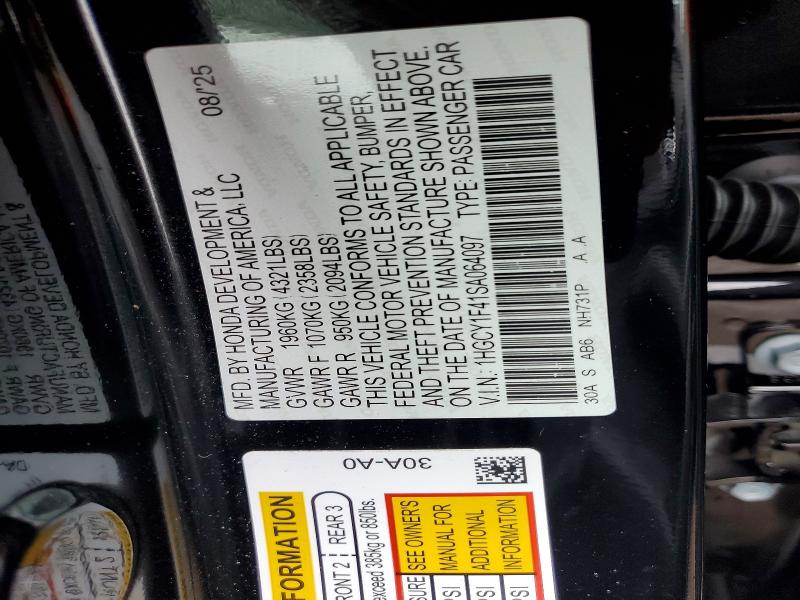 Aukcja sprzedaży 2025 Honda Accord, vin: 1HGCY1F41SA064097, numer aukcji: 49565286