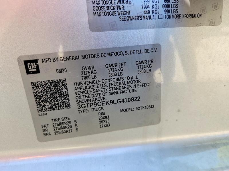 Aukcja sprzedaży 2020 Gmc Sierra, vin: 3GTP9CEK9LG419822, numer aukcji: 50415406