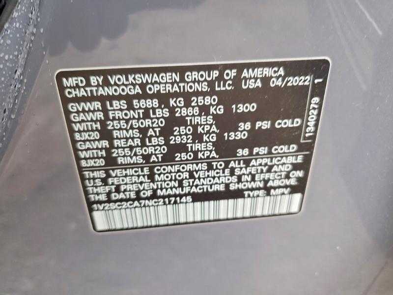 50942216 :رقم المزاد ، 1V2SC2CA7NC217145 vin ، 2022 Volkswagen Atlas Cross مزاد بيع