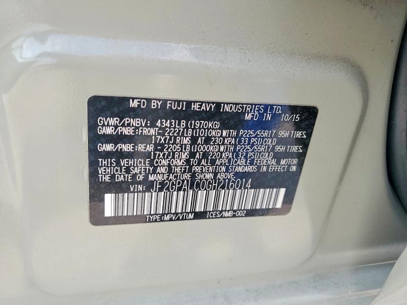 2016 Subaru Crosstrek მანქანა იყიდება აუქციონზე, vin: JF2GPALC0GH216014, აუქციონის ნომერი: 51622636