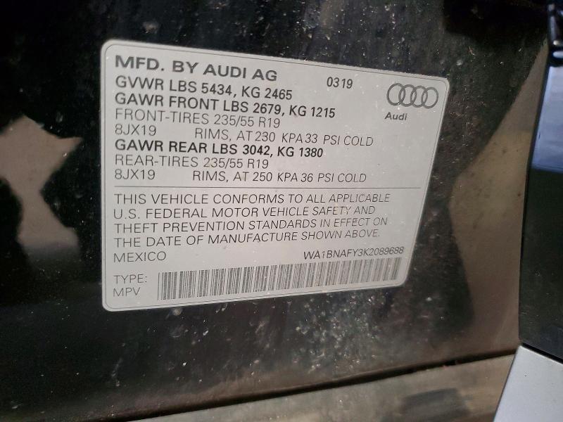 2019 Audi Q5 მანქანა იყიდება აუქციონზე, vin: WA1BNAFY3K2089688, აუქციონის ნომერი: 48198256