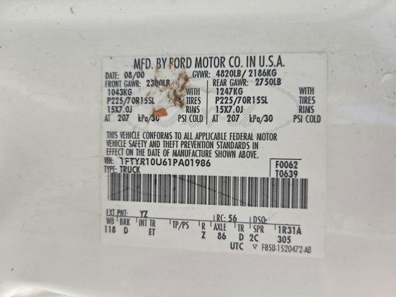 2001 Ford Ranger მანქანა იყიდება აუქციონზე, vin: 1FTYR10U61PA01986, აუქციონის ნომერი: 49429966