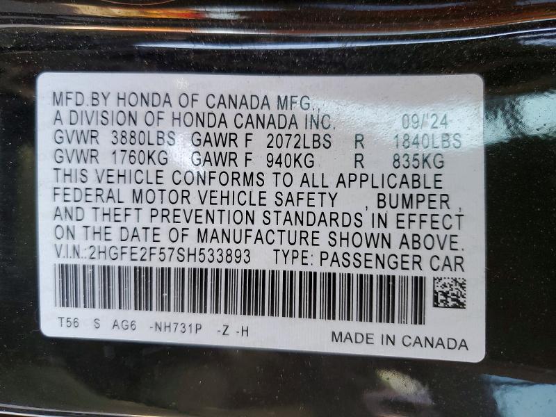 Продажа на аукционе авто 2025 Honda Civic, vin: 2HGFE2F57SH533893, номер лота: 49483266