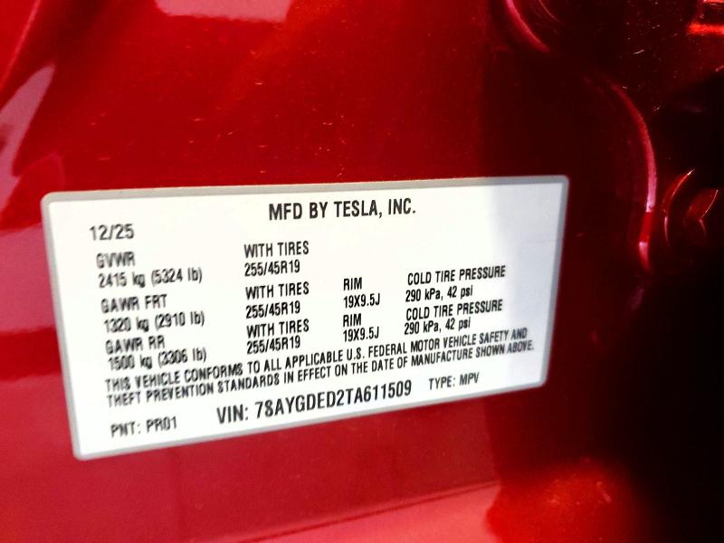 51597136 :رقم المزاد ، 7SAYGDED2TA611509 vin ، 2026 Tesla Model Y مزاد بيع