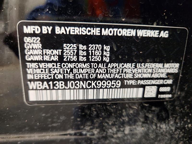 50762246 :رقم المزاد ، WBA13BJ03NCK99959 vin ، 2022 Bmw 530 مزاد بيع