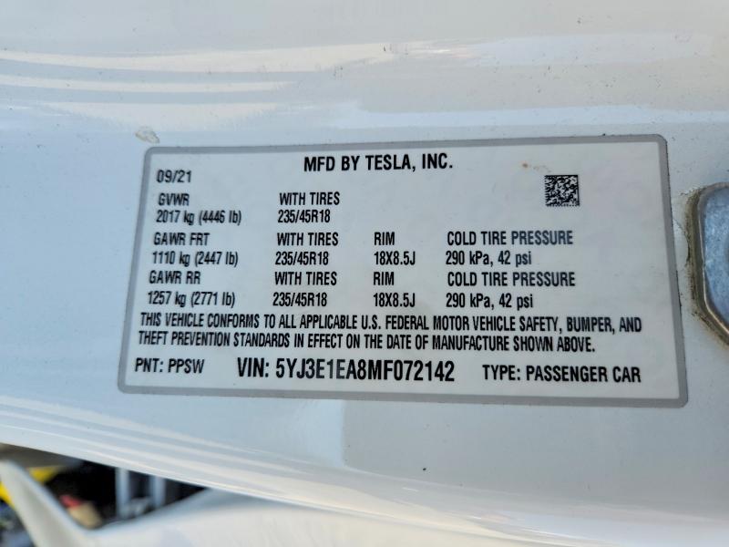 Продажа на аукционе авто 2021 Tesla Model 3, vin: 5YJ3E1EA8MF072142, номер лота: 51801616