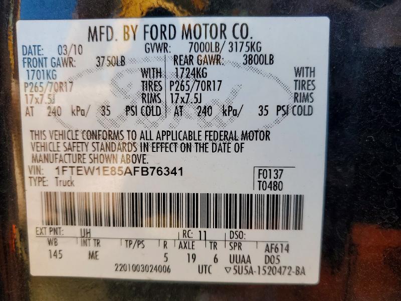 Aukcja sprzedaży 2010 Ford F150, vin: 1FTEW1E85AFB76341, numer aukcji: 50908736