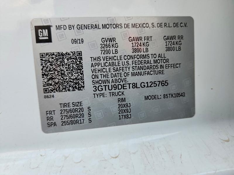 2020 Gmc Sierra მანქანა იყიდება აუქციონზე, vin: 3GTU9DET8LG125765, აუქციონის ნომერი: 49119976