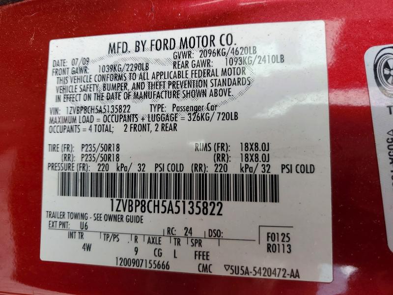 Auction sale of the 2010 Ford Mustang, vin: 1ZVBP8CH5A5135822, lot number: 51601116