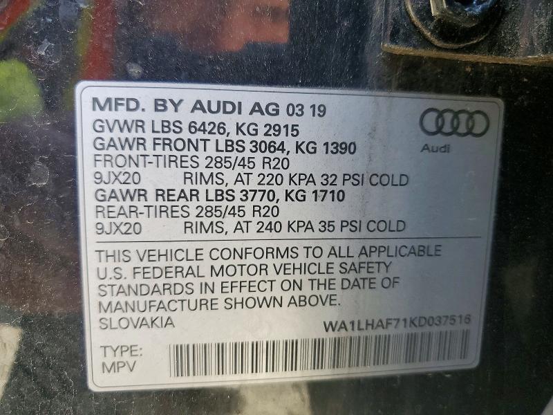 2019 Audi Q7 მანქანა იყიდება აუქციონზე, vin: WA1LHAF71KD037516, აუქციონის ნომერი: 50811086